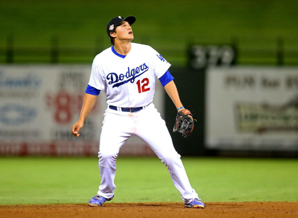 Corey Seager Dodgers number 12 focused on field ready to play baseball game action wallpaper