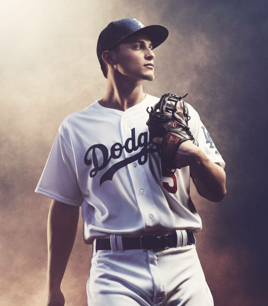 Corey Seager in Dodgers uniform with dramatic smoke and lighting sports wallpaper background