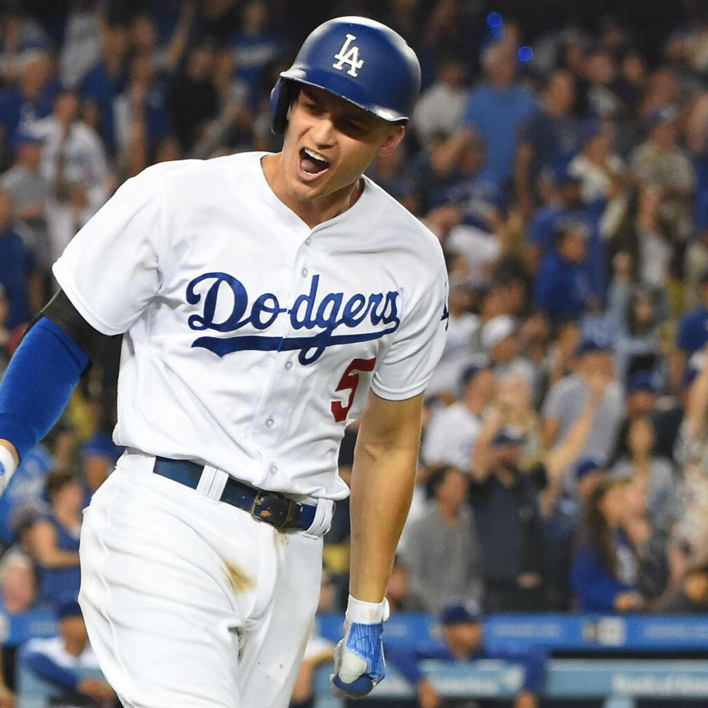 Corey Seager LA Dodgers uniform helmet smiling at cheering crowd vibrant baseball action wallpaper
