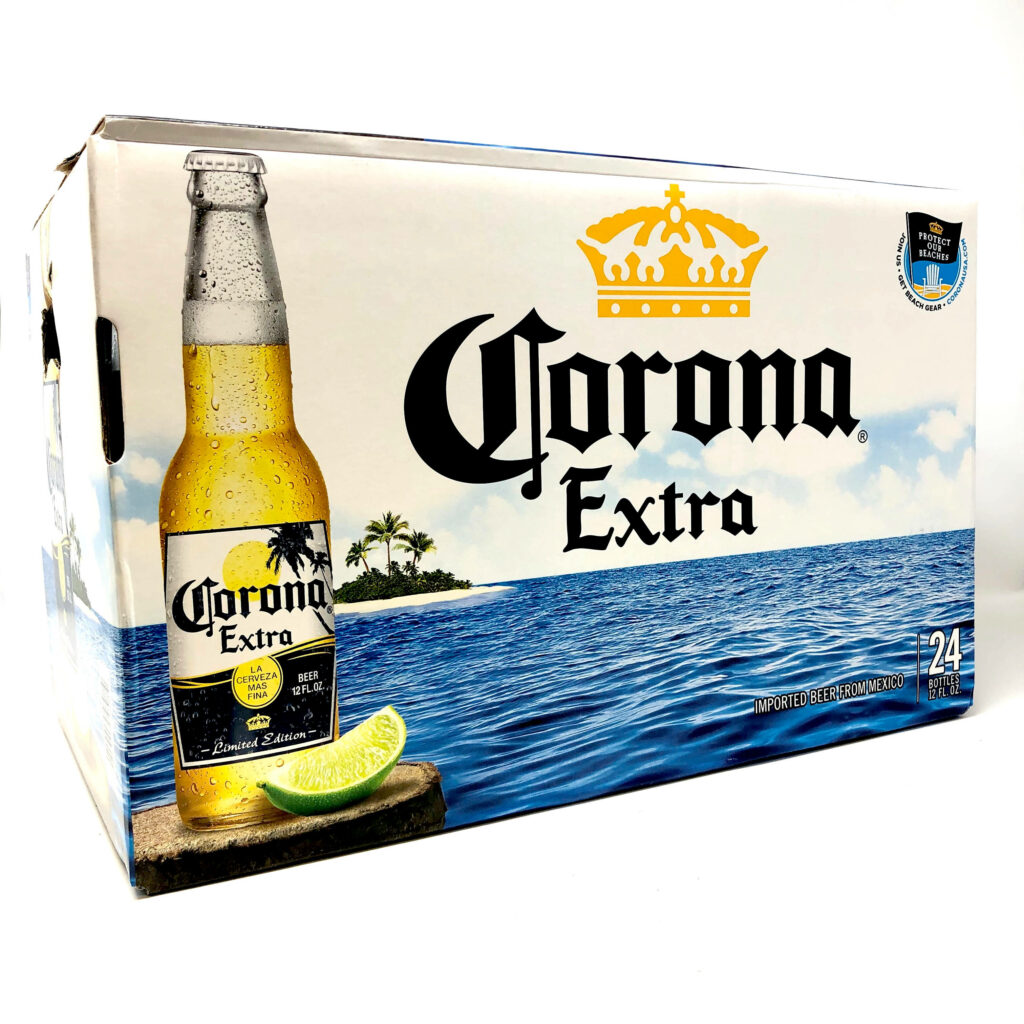 Corona Extra 24-pack beer box with clear bottles and lime on a vibrant tropical beach background Wallpaper