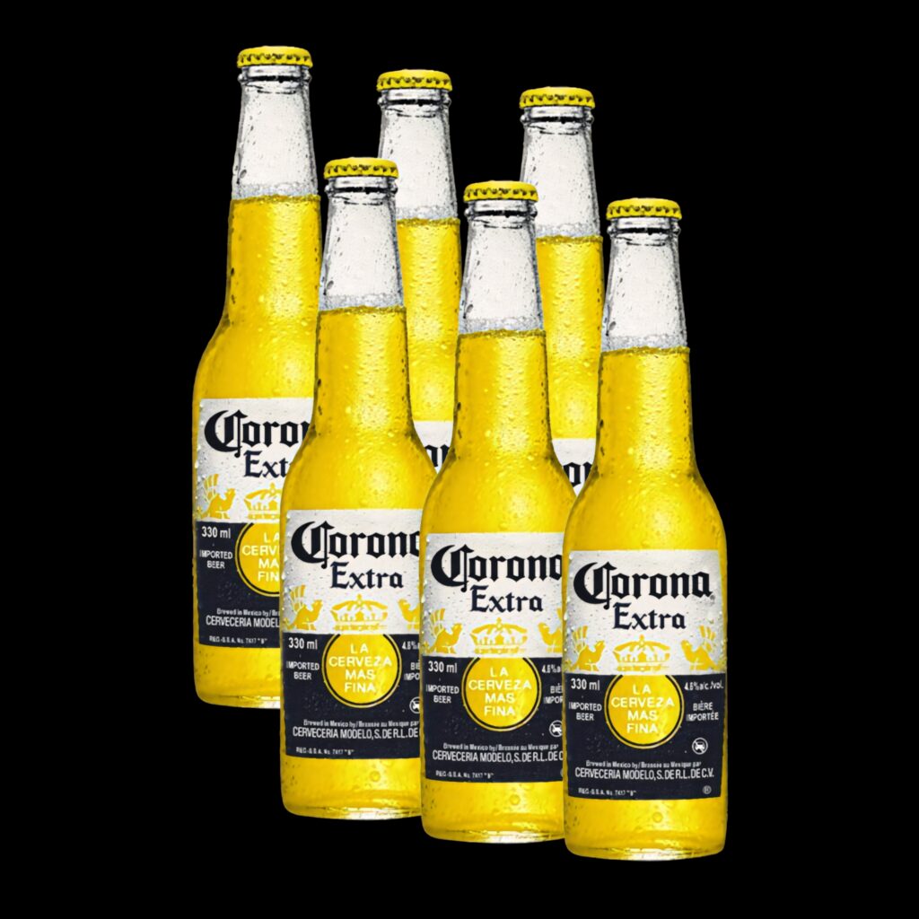 Six Corona Extra beer bottles with golden color on black background wallpaper for fans