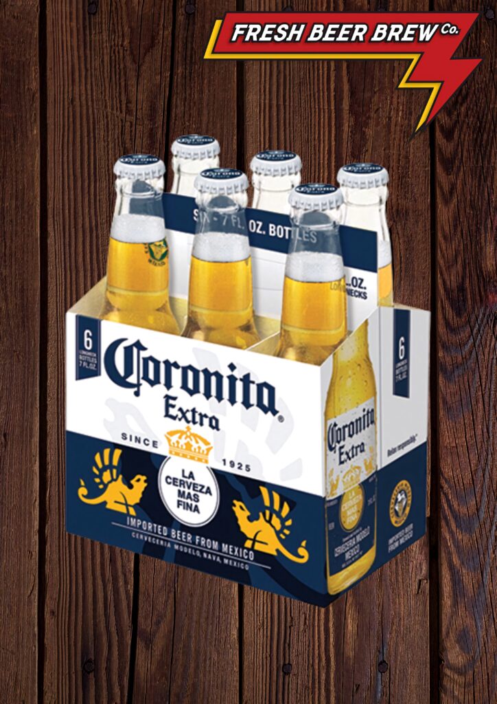 Six-pack Corona Extra beer bottles in white blue packaging on rustic wood with Fresh Beer Brew logo Wallpaper