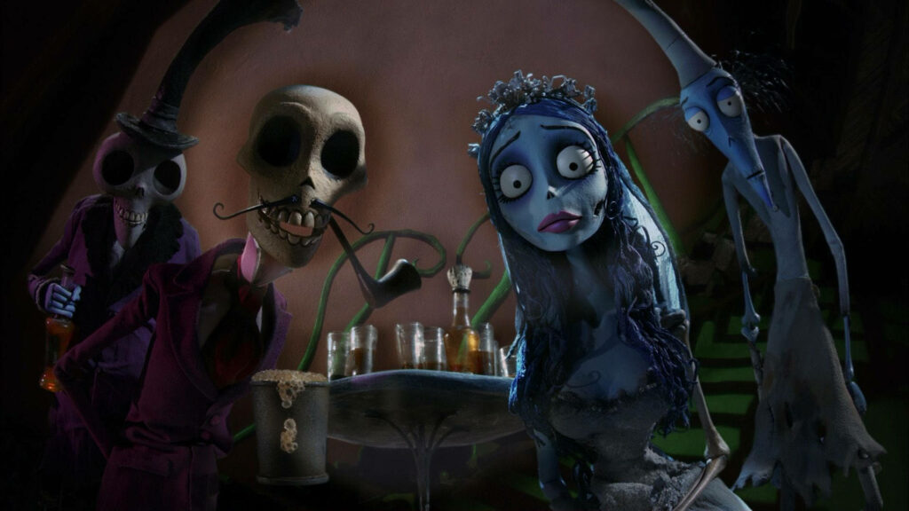 Corpse Bride Emily with quirky skeleton friends in dark whimsical gothic Tim Burton style wallpaper