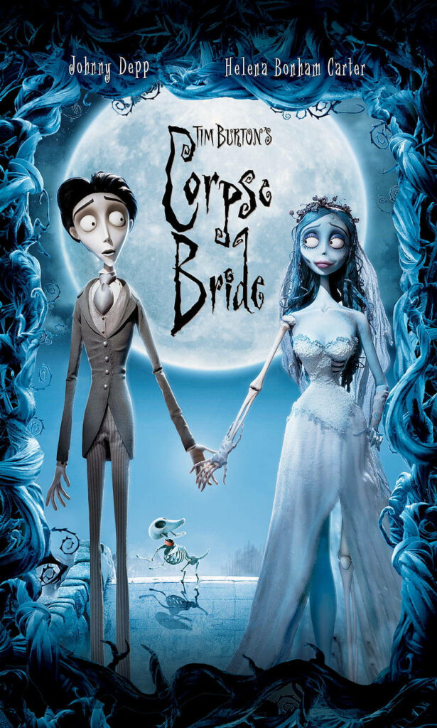Corpse Bride wallpaper with Emily and Victor Van Dort under full moon and gothic blue vines