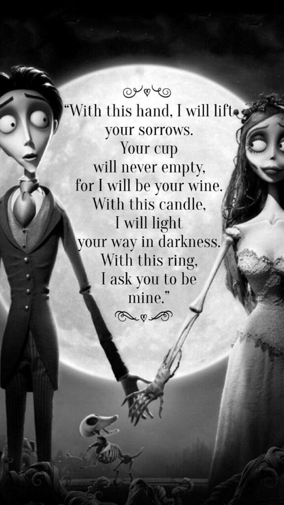 Corpse Bride Emily and Victor Van Dort under moonlight with gothic dark romance wallpaper background