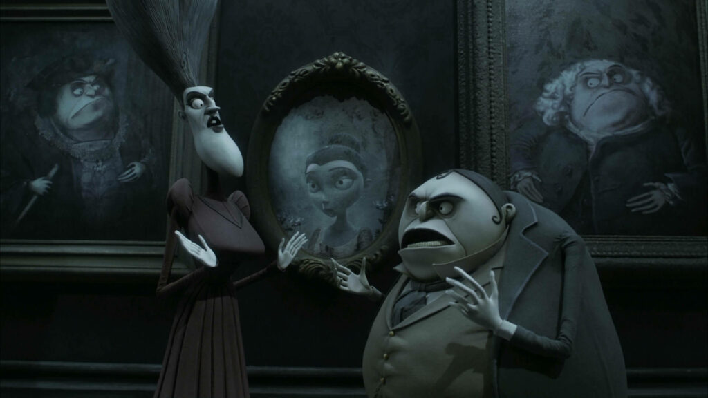 Corpse Bride wallpaper with Finis and Maudeline in gothic Tim Burton style moody setting