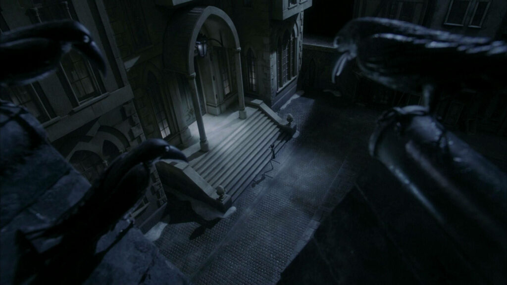 Tim Burton style Corpse Bride wallpaper with gothic stairs ravens and eerie blue gray tones