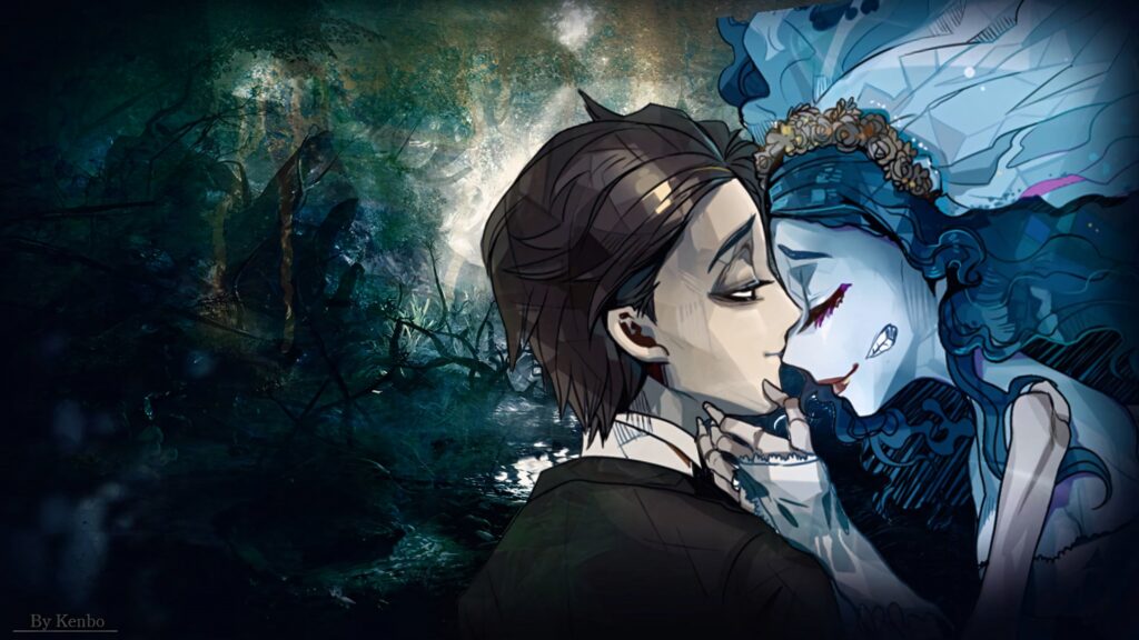 Corpse Bride fan art showing Emily and Victor Van Dort in a gothic dark forest scene Wallpaper