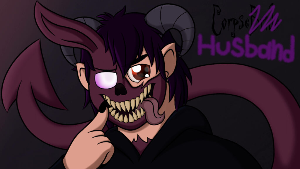 Chibi Corpse Husband wallpaper dark purple tones horned grin tentacle tongue gothic style art