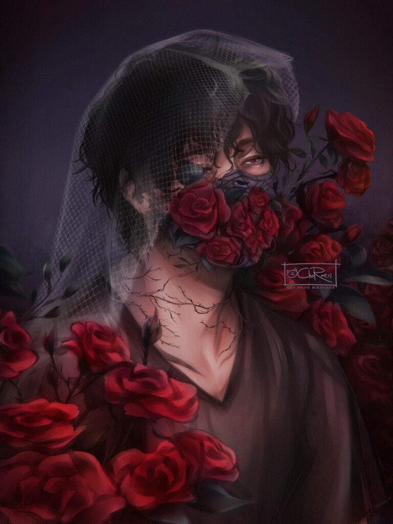 Corpse Husband portrait with vivid red roses wrapping around him in dark gothic wallpaper background