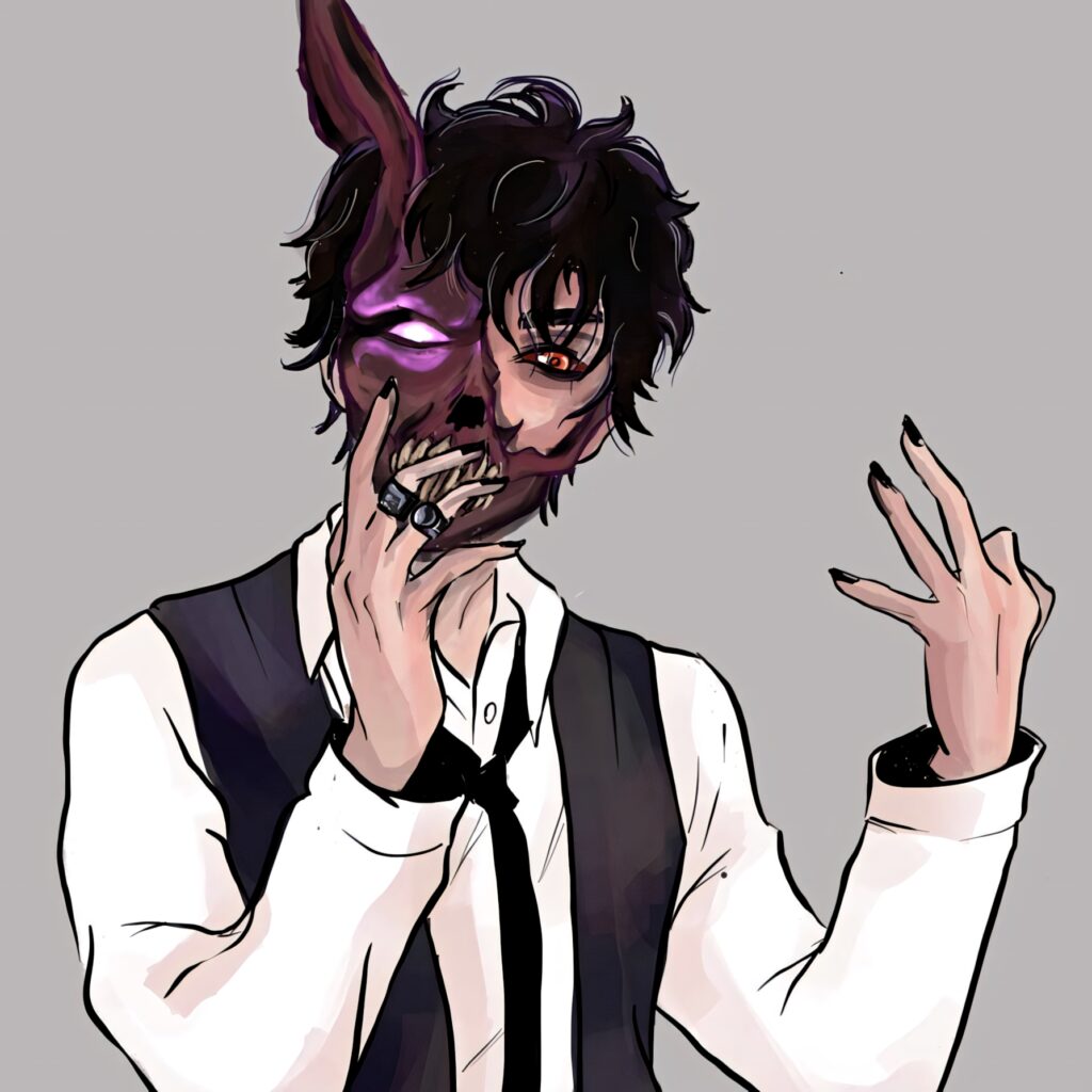 Corpse Husband digital art dark demonic half-mask glowing purple smoky background wallpaper