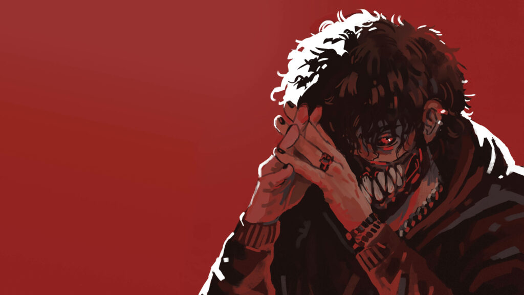 Corpse Husband digital wallpaper with bold red art dark aesthetic masked face and dramatic lighting