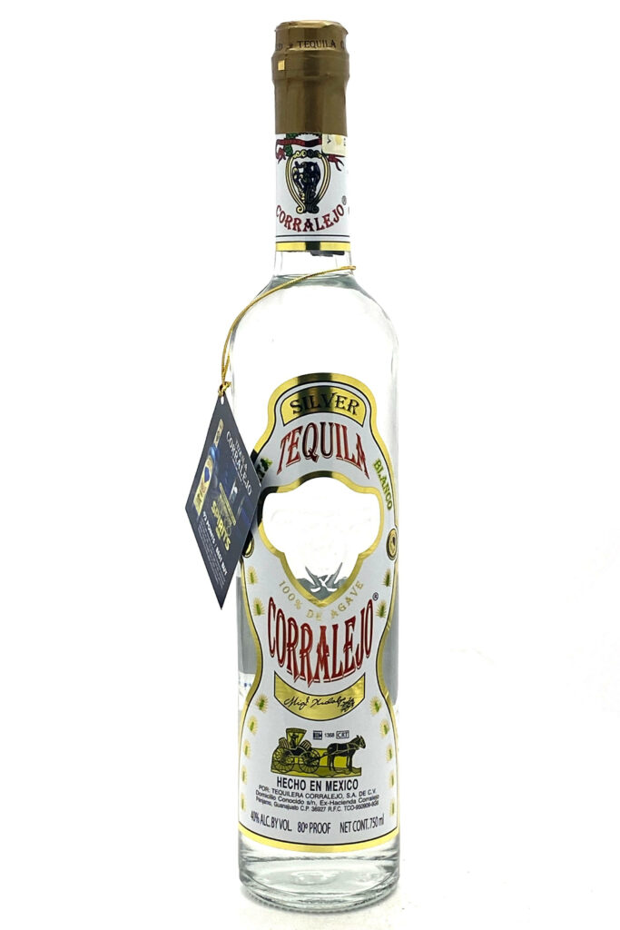 Corralejo Tequila Blanco Silver bottle on white background with gold red label details Wallpaper