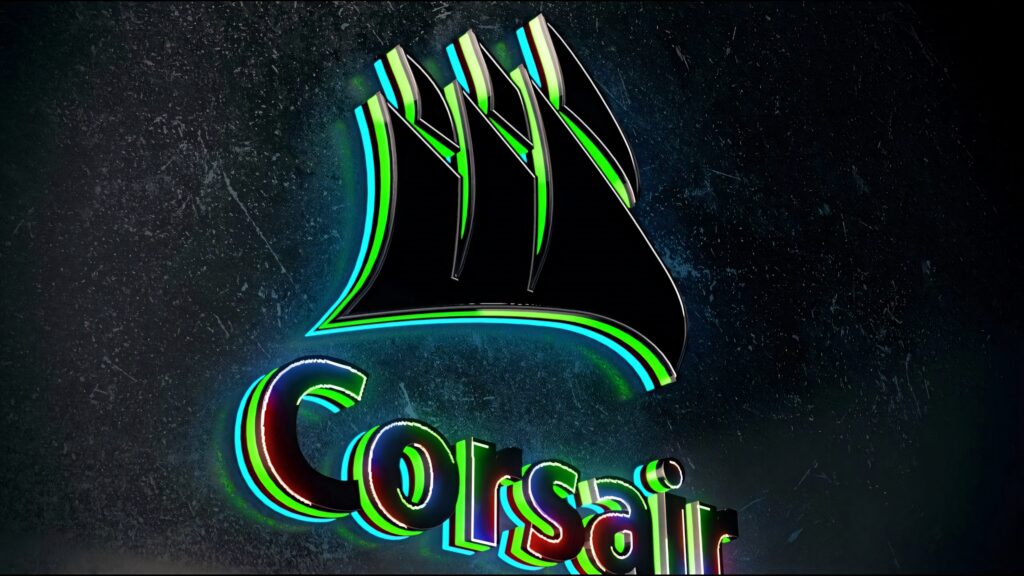 CORSAIR sail logo and brand name in glossy 3D with neon accents on dark textured background wallpaper