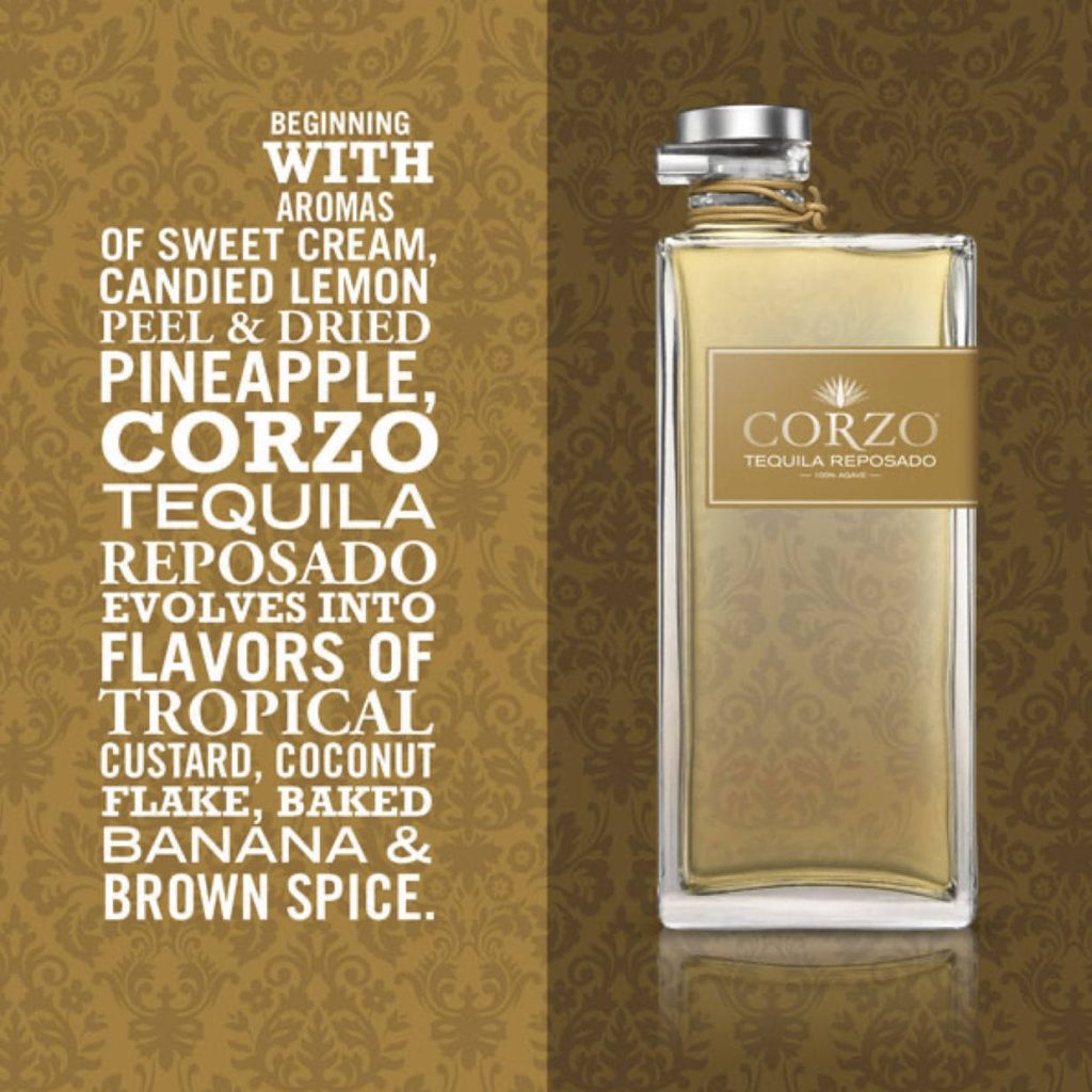 Corzo Tequila Reposado bottle with tasting notes on gold damask background wallpaper