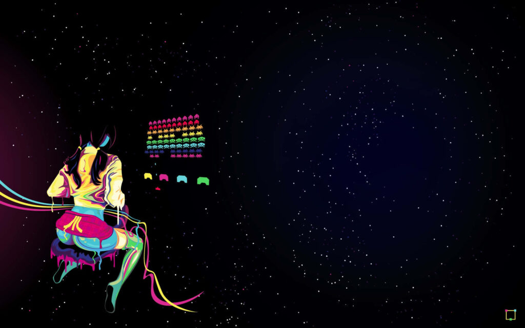 Cosmic Anime Wallpaper: Retro Gaming & Space Invaders Design