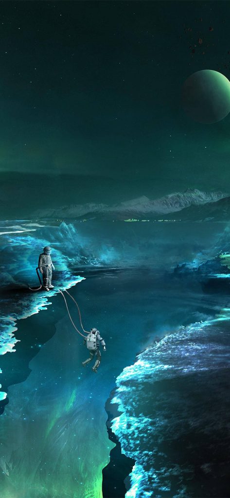 Two astronauts tethered on glowing icy alien world with bioluminescent abyss and giant planet Wallpaper