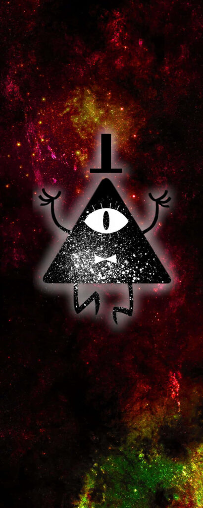 Cosmic Bill Cipher from Gravity Falls amid vibrant red and yellow nebulous clouds wallpaper
