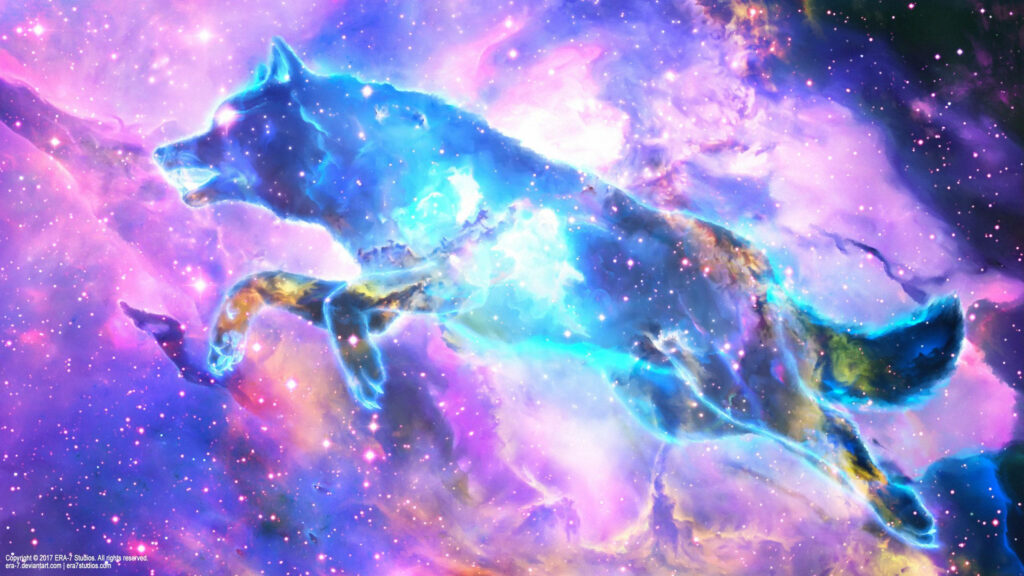 Cosmic Enigma: Captivating Digital Portrait of an Adorable Wolf Spirit Amidst Celestial Wilderness Wallpaper