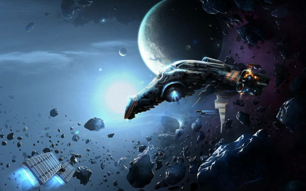 Epic Interstellar Encounter - Spacecraft Soaring Amidst Galactic Remnants Wallpaper