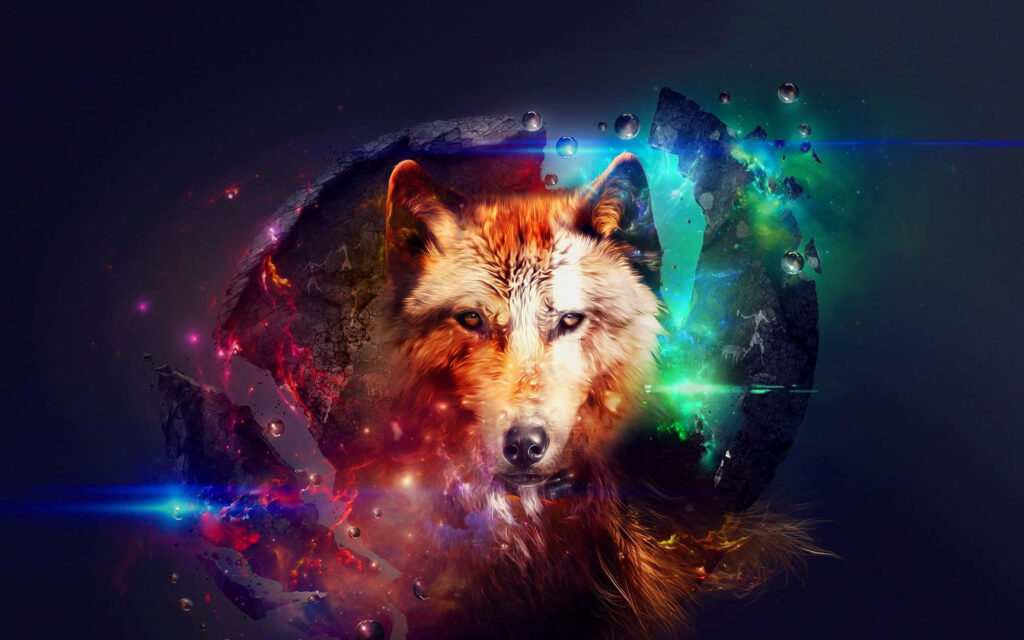 Vibrant coyote digital wallpaper with glowing neon colors and cosmic futuristic fantasy art style