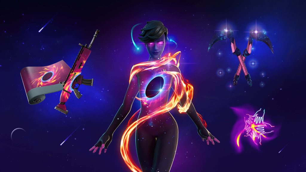 Fortnite Crossfade skin glowing with cosmic energy and galaxy-themed weapons in starry space background Wallpaper