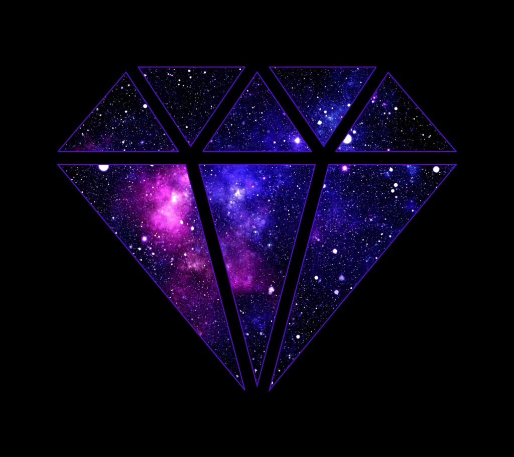 Galaxy-inspired diamond wallpaper with deep purples blues pinks cosmic nebulae on black background