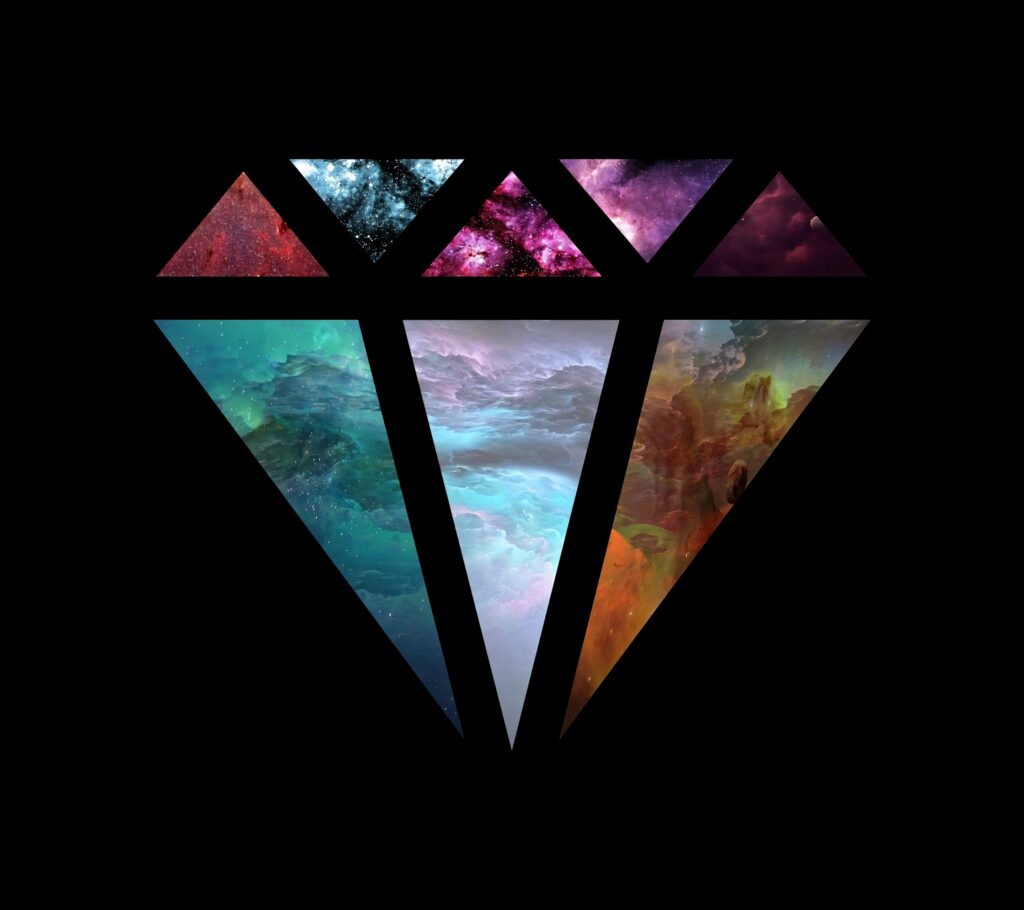 Geometric diamond wallpaper with vibrant cosmic nebula textures on black luxury background