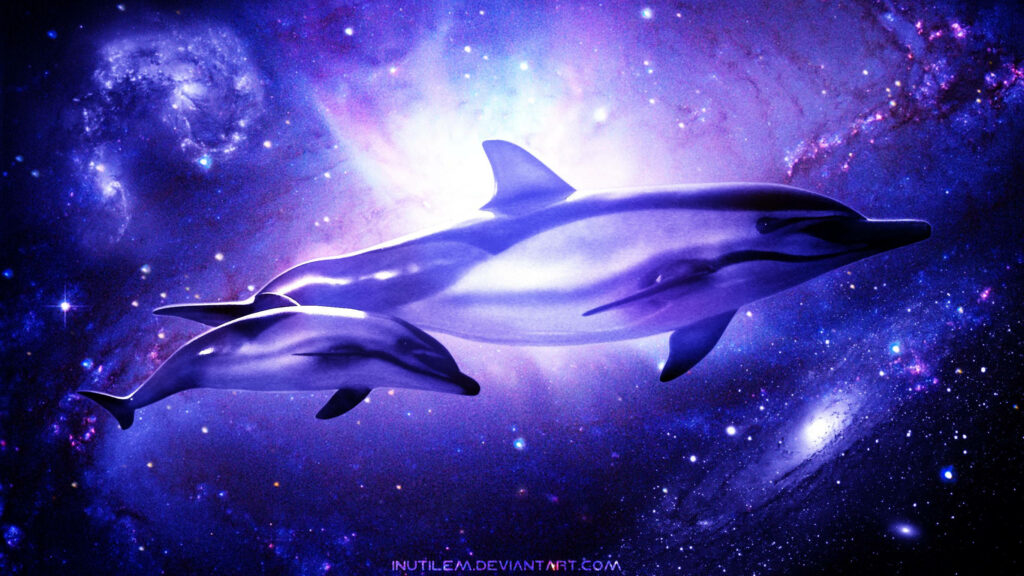 Vibrant Cosmic Dolphins Wallpaper: Luminous Galaxy Background