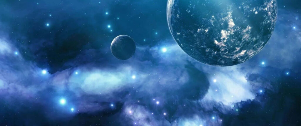 Cosmic wallpaper featuring two planets in a dreamy blue nebula with sparkling stars.