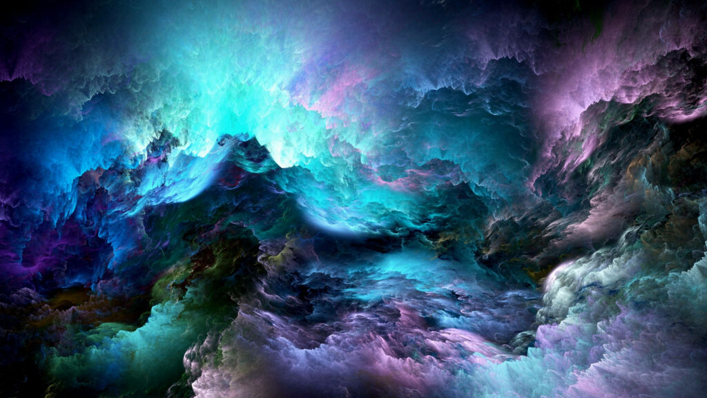 Vibrant neon cosmic dreamscape with swirling turquoise purple blue magenta clouds abstract background Wallpaper