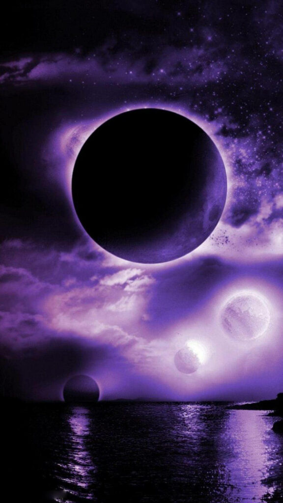 Cosmic eclipse with shadowed planet glowing moons purple galaxy calm waters Galaxy Tablet wallpaper
