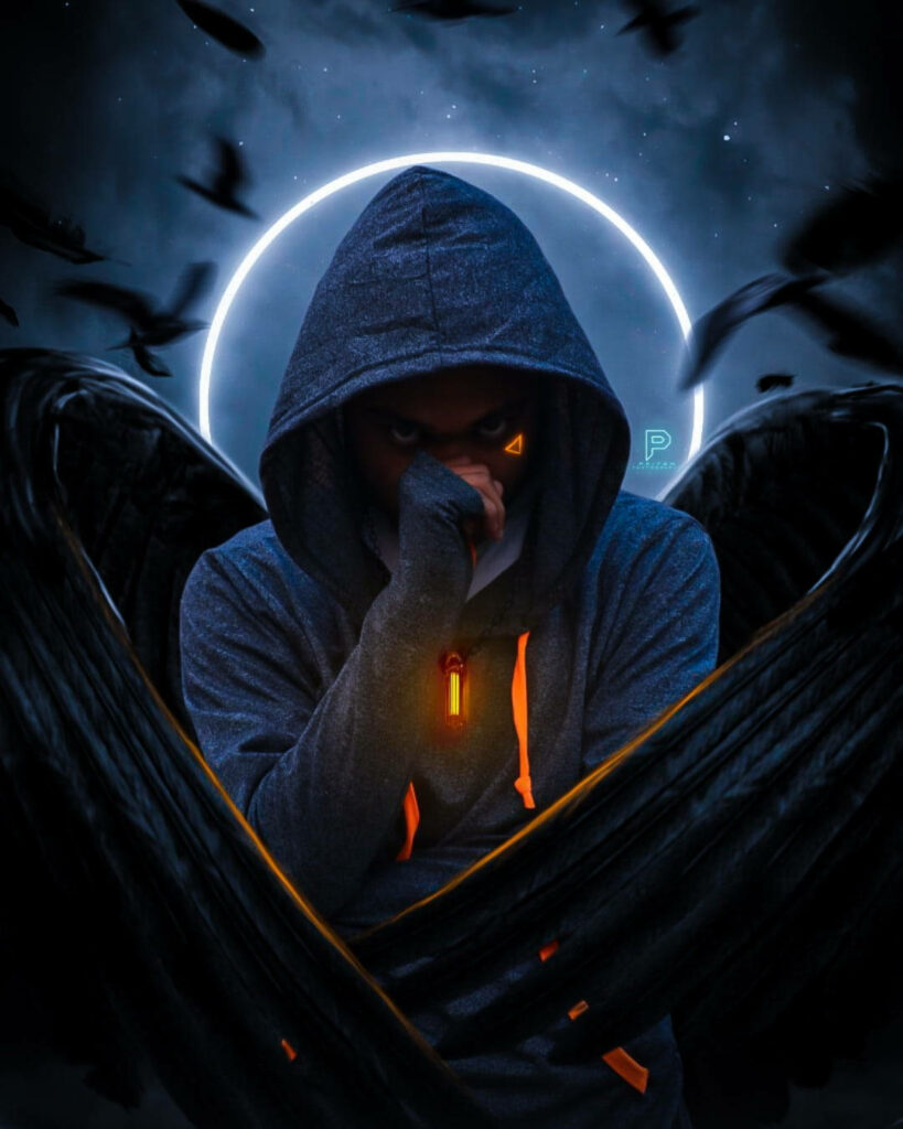 Winged Mischief: Enigmatic Devil Boy Embracing the Illuminated Cosmos Wallpaper