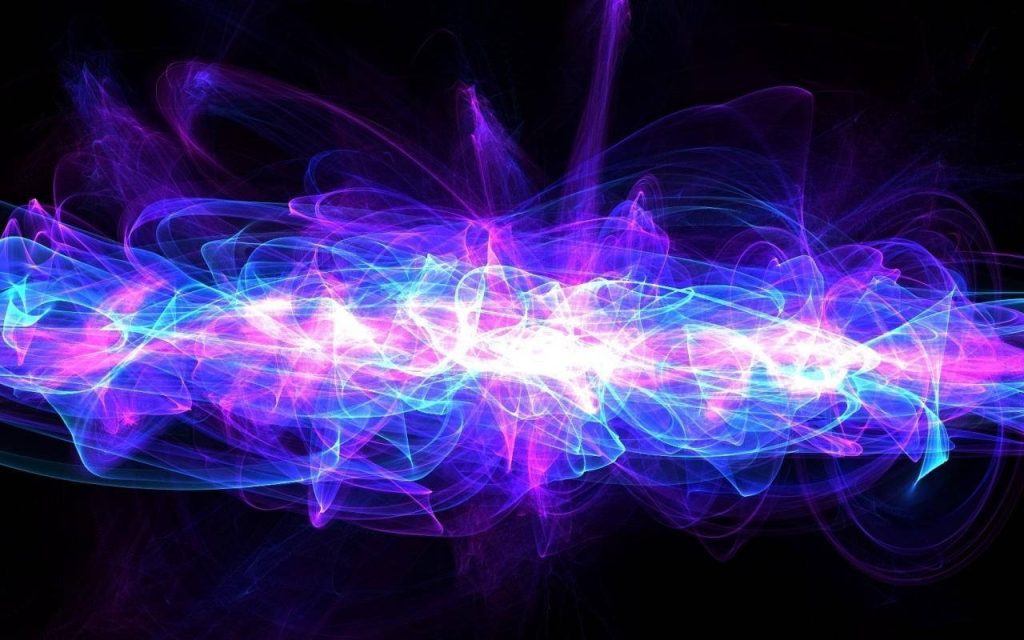 Abstract cosmic energy flow in vibrant purple and neon blue digital wallpaper background