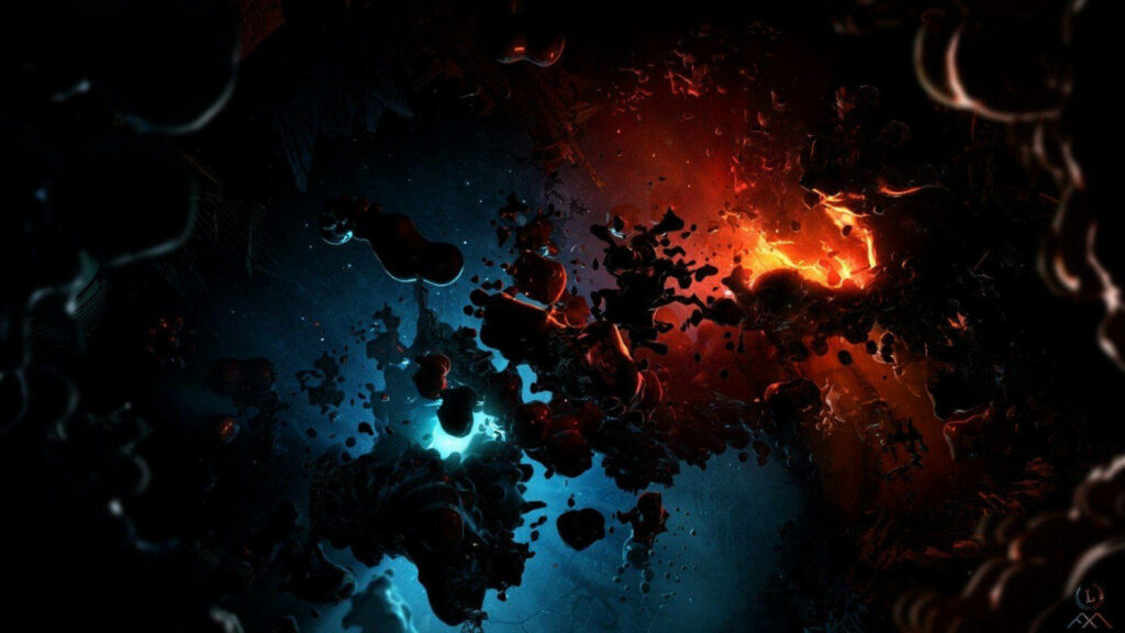 Captivating Cosmic Landscape: Flaming Red and Electric Blue Abstract Vector Patterns Illuminated by Soft Low-Lighting Ambience Wallpaper