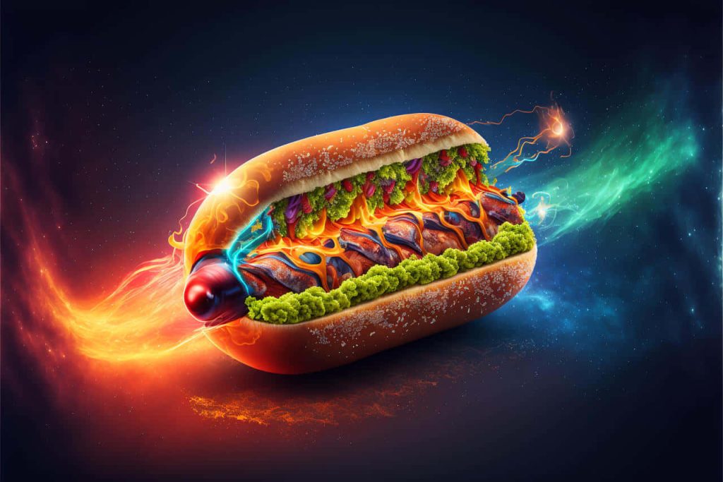 High-energy hot dog wallpaper with cosmic fire and teal energy trails on nebula backdrop