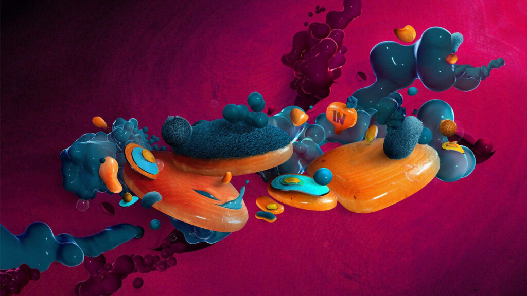 Electric Dreams: A Colorful Digital Abstract with Blue Objects and Orange Paint Blobs on Magenta Background Wallpaper