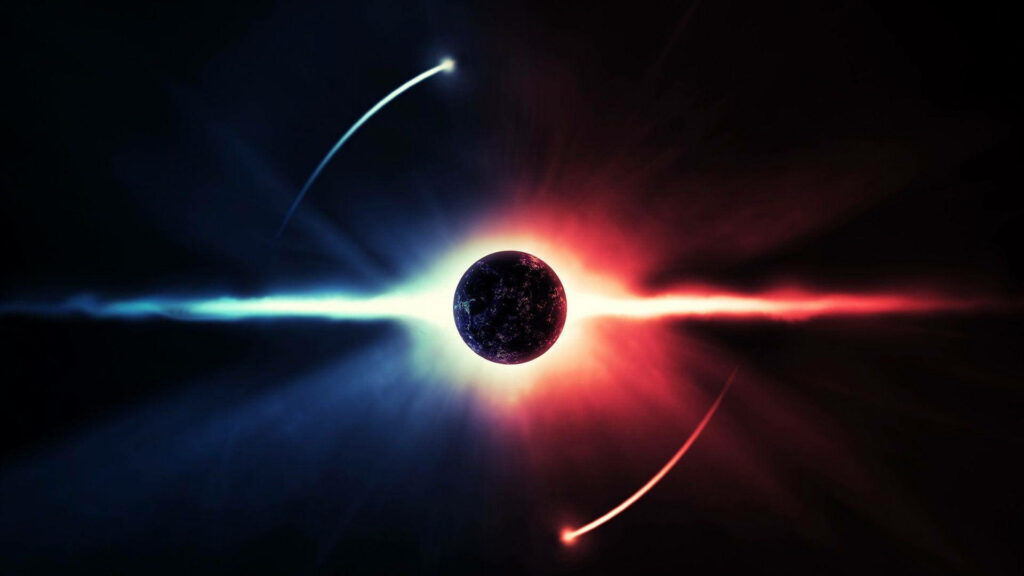 Interstellar Burst: Vibrant Red and Blue Rays Engulfing Celestial Sphere - Futuristic Phone Wallpaper