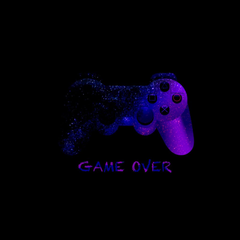 PlayStation style controller with blue purple galaxy nebula and game over text on black background Wallpaper