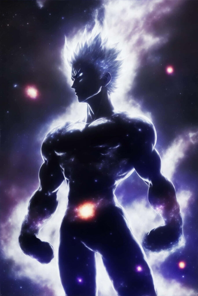 Cosmic Garou anime wallpaper with glowing cosmic energy and vibrant space nebula background