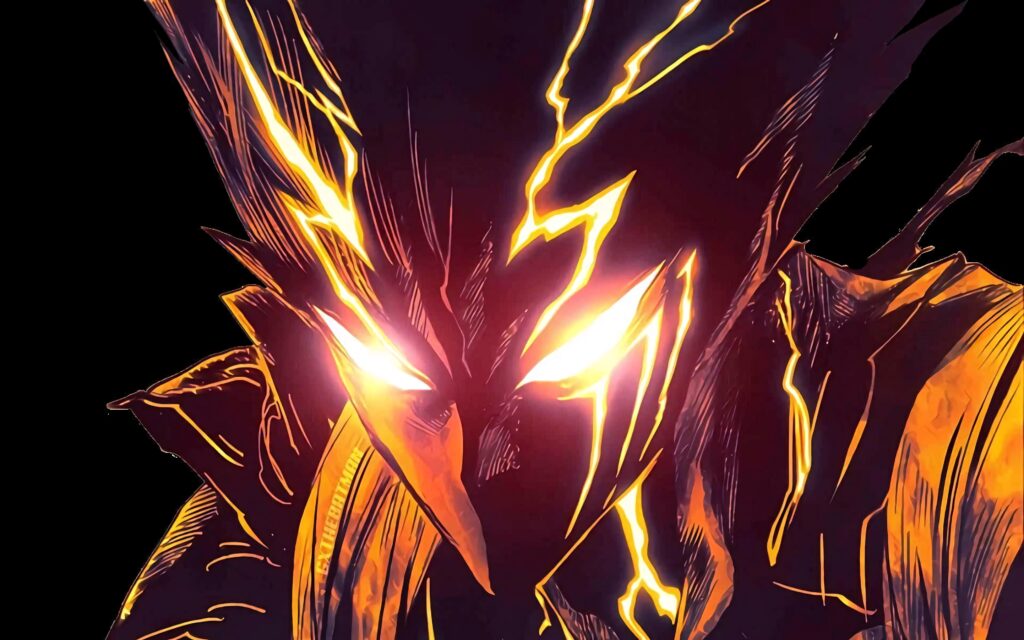 Cosmic Garou Energy Form glowing golden with lightning on dark background anime wallpaper