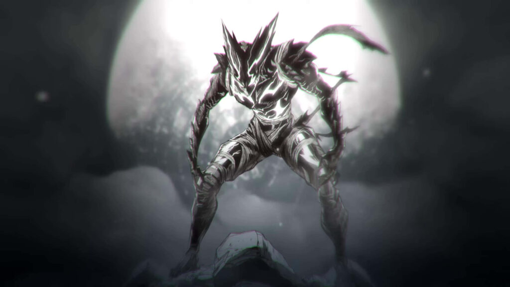 Cosmic Garou monochrome wallpaper showing intense dynamic pose and glowing moonlit background