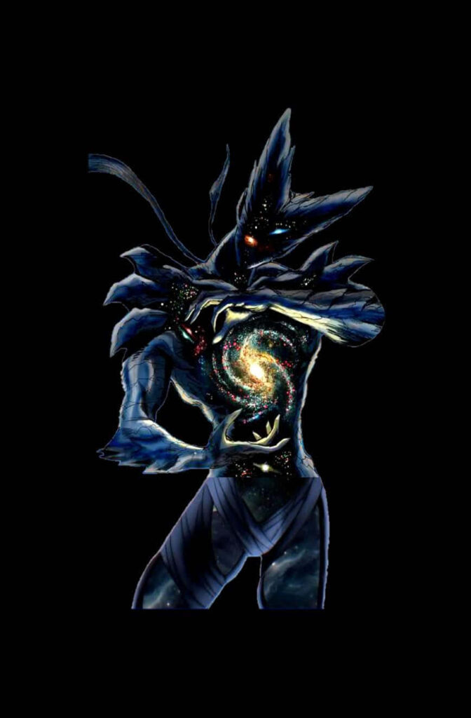 Cosmic Garou One Punch Man digital art with galaxy chest and dark celestial transformation wallpaper