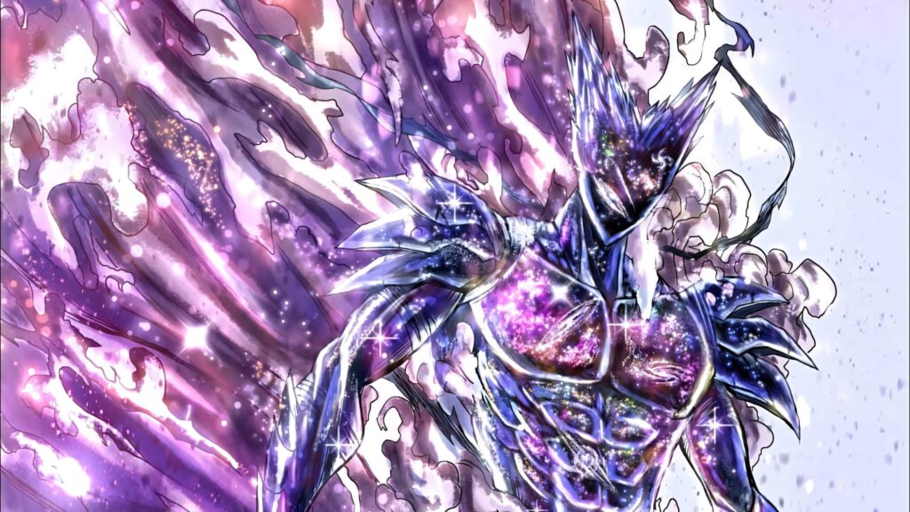 Cosmic Garou from One Punch Man wallpaper with crystalline armor glowing purple blue and pink energy