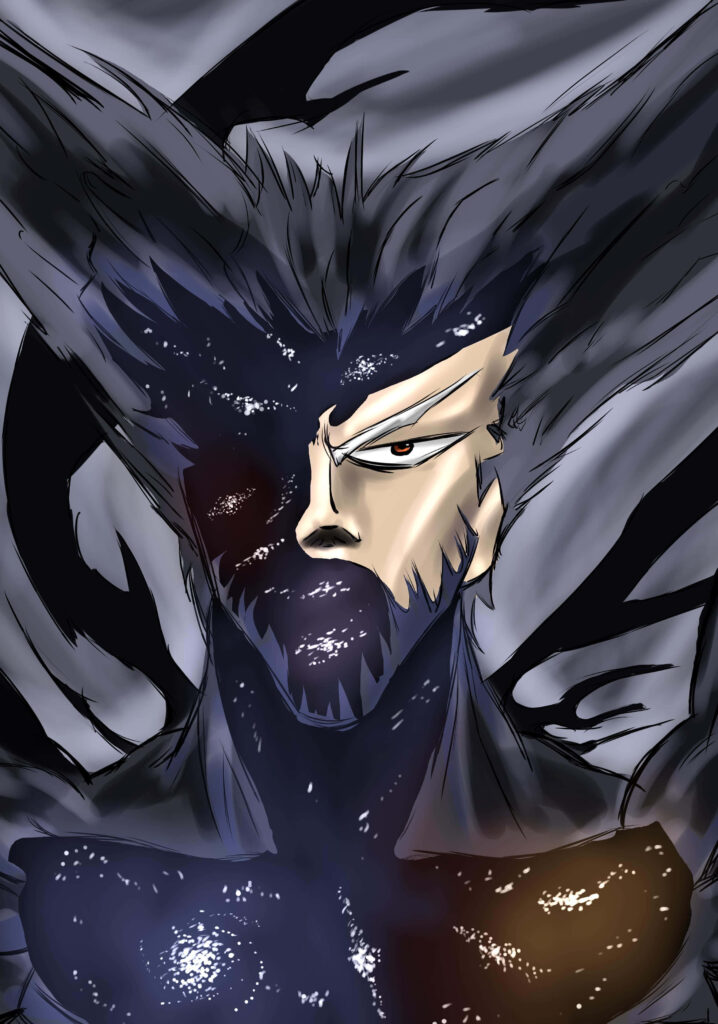 Cosmic Garou from One Punch Man with cosmic textures and dark energy dynamic manga wallpaper