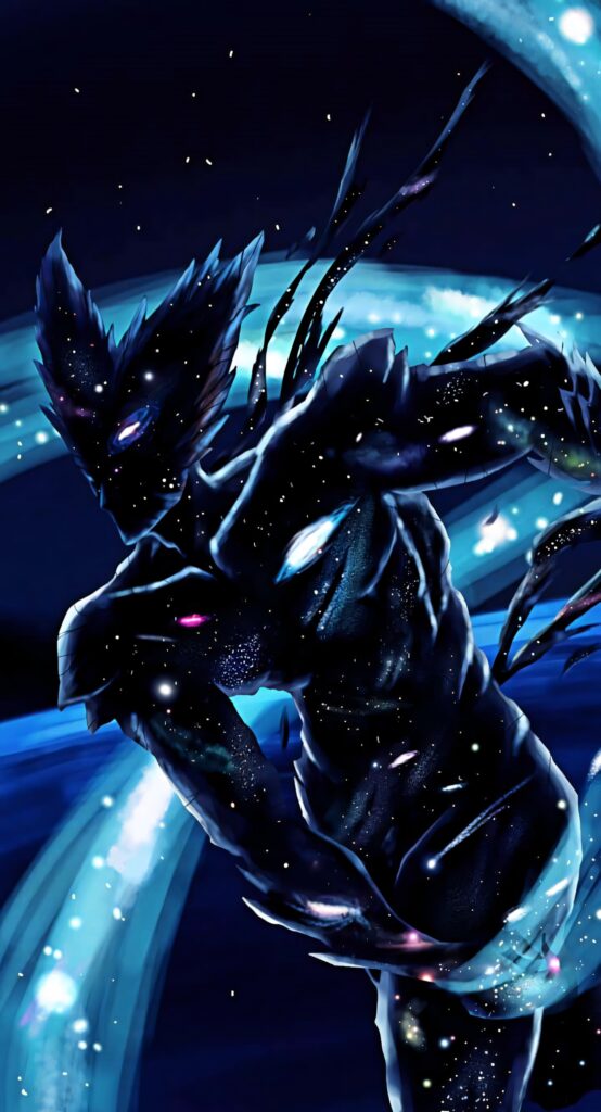 Cosmic Garou from One Punch Man in dynamic pose with glowing eyes and swirling blue energy background Wallpaper