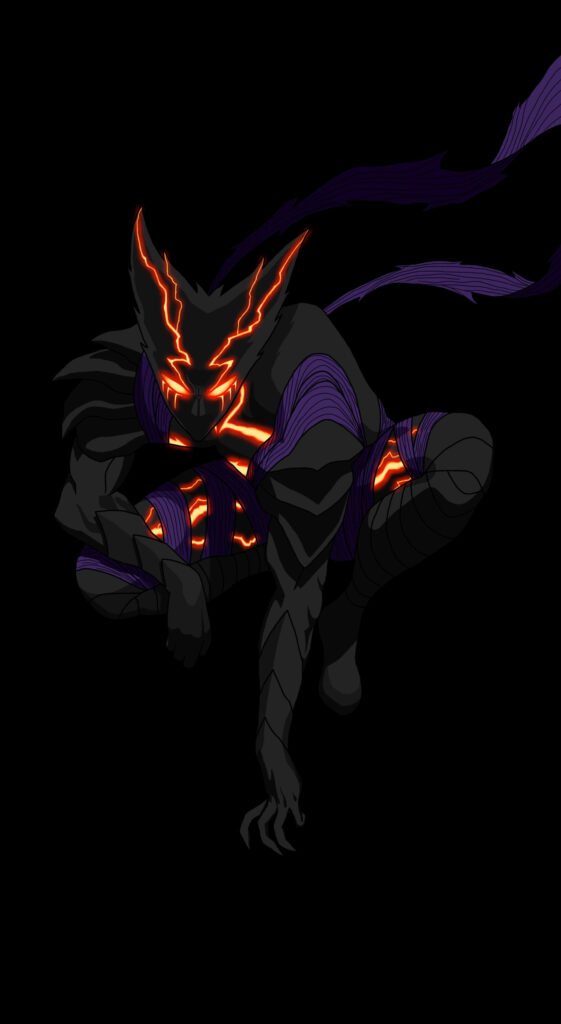 Cosmic Garou crouching with glowing orange cracks and purple wraps on black anime wallpaper