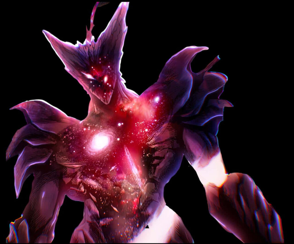 Cosmic Garou One Punch Man wallpaper with glowing galactic patterns and vibrant cosmic energy background