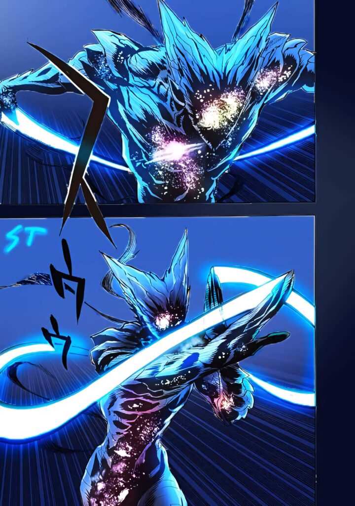 Cosmic Garou One Punch Man wallpaper glowing blue energy galactic textures vivid blues and purples