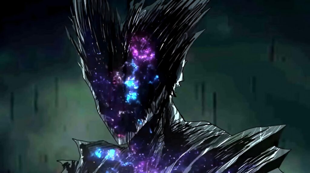 Cosmic Garou wallpaper with vibrant nebula silhouette in blues purple and pink against dark background